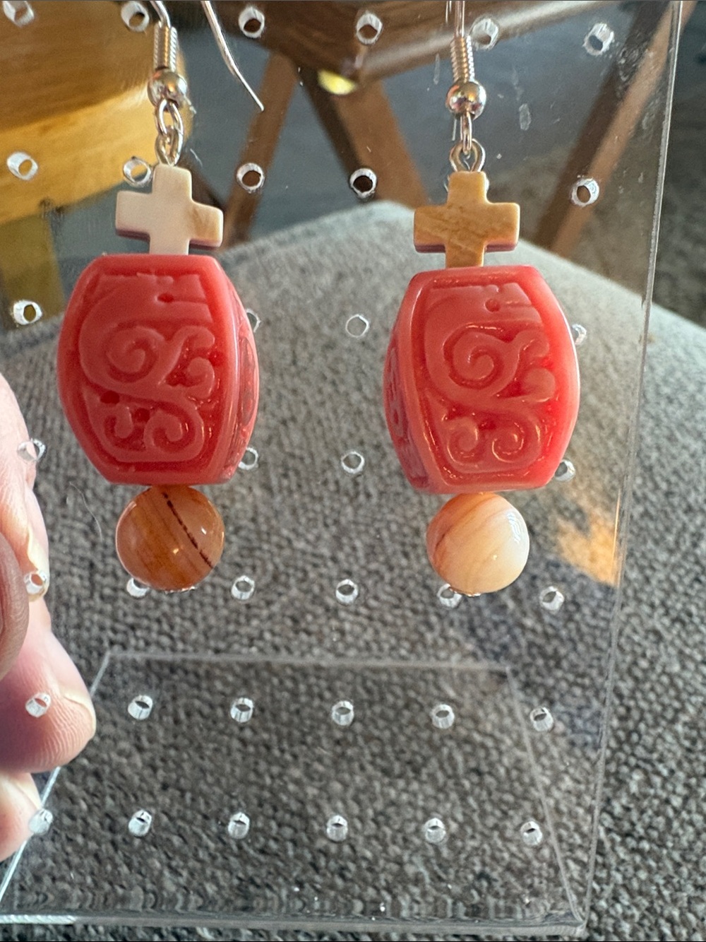 Hand Crafted Coral Carved and Carnelian Cross Dangle Earrings